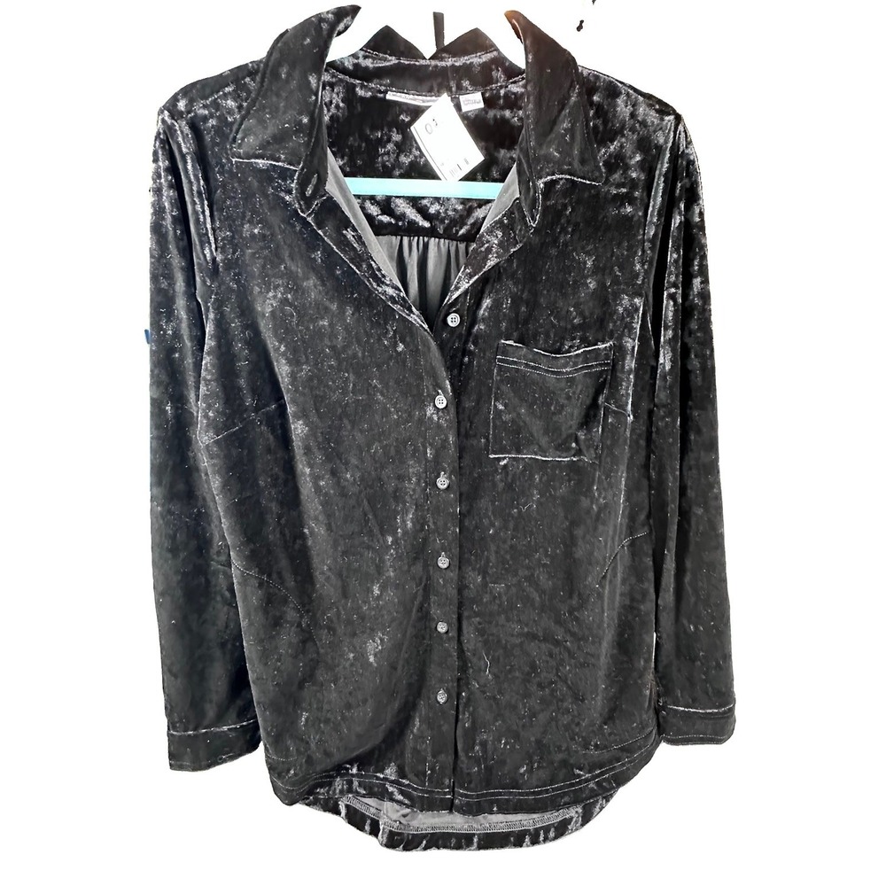 Belle by Kim Gravel V-Neck Velvet Shirt Womens Small Black Pocket Oversized